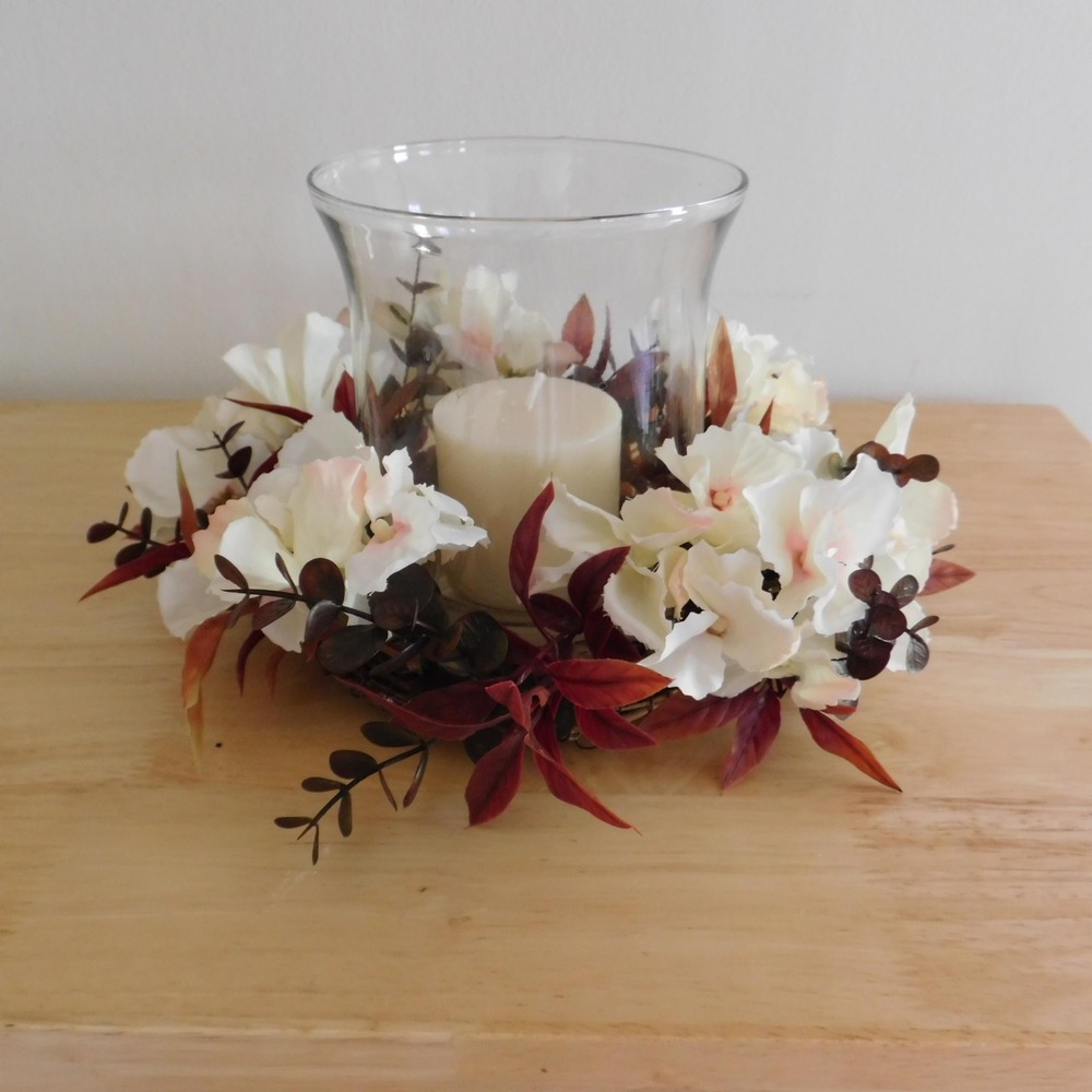 Mini Fall Candle Ring, Grapevine Wreath, Burgundy Leaves, Dried Look Hydrangeas